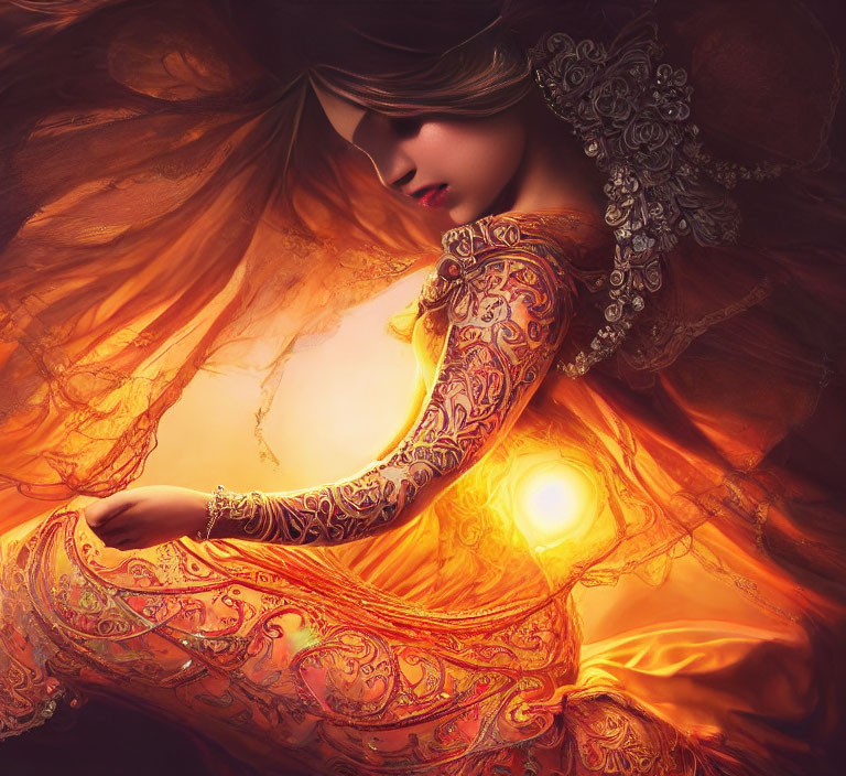 Illustrated woman in ornate orange dress with flowing hair on warm soft background