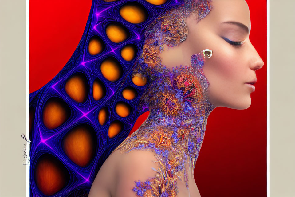 Woman with Intricate Lace Body Paint on Abstract Blue and Orange Background