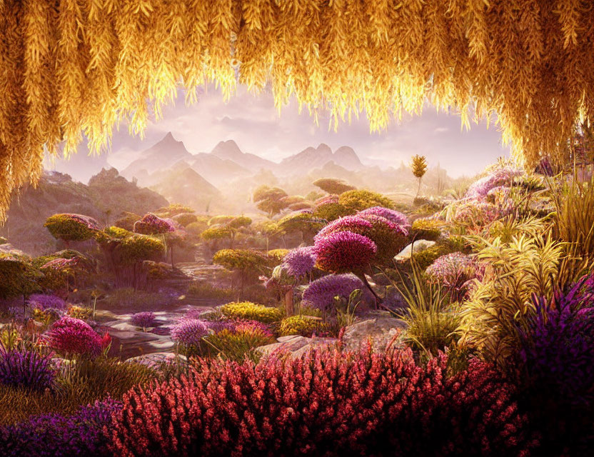 Vibrant fantasy landscape with flowering plants, serene stream, golden foliage, distant mountains, warm sky