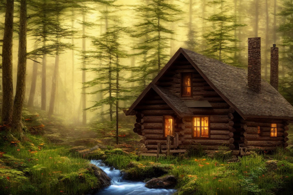Rustic log cabin in misty forest near flowing stream