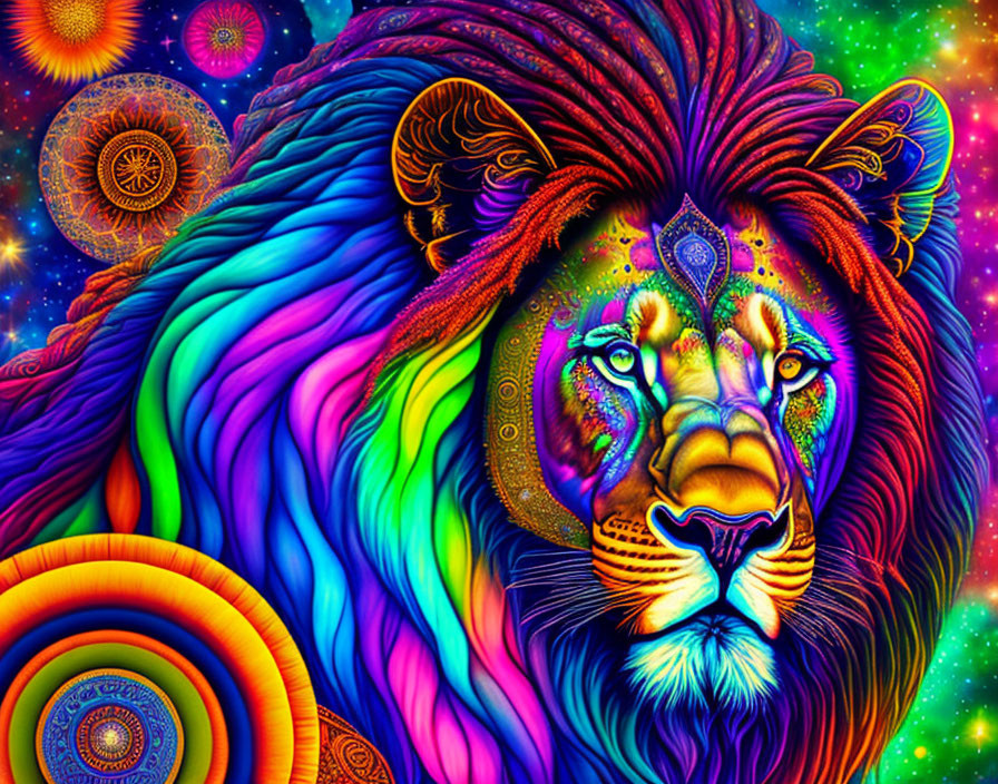 Vibrant lion illustration with ornamental patterns on cosmic backdrop