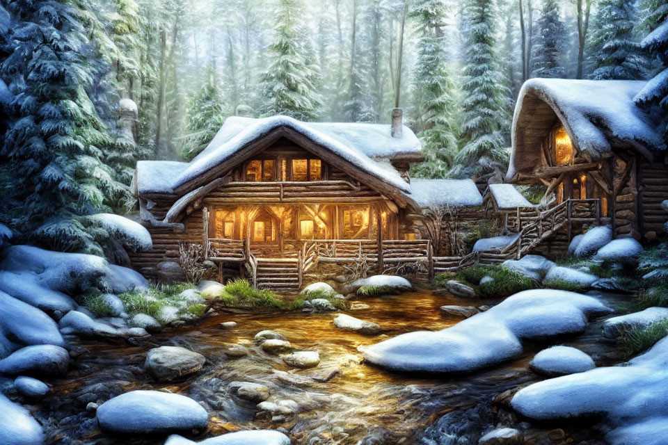 Snowy forest cabin with lit windows near stream & snow-covered rocks