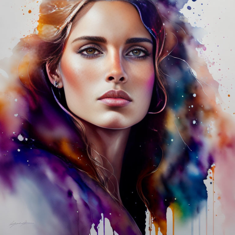 Striking gaze woman in photorealistic watercolor art with vibrant colors