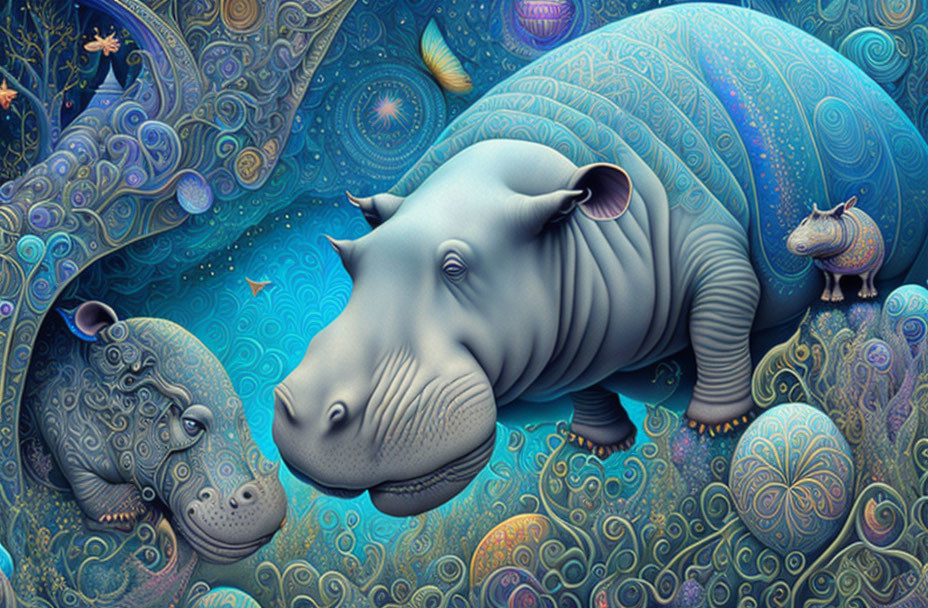 Whimsical digital artwork of stylized hippos in cosmic setting