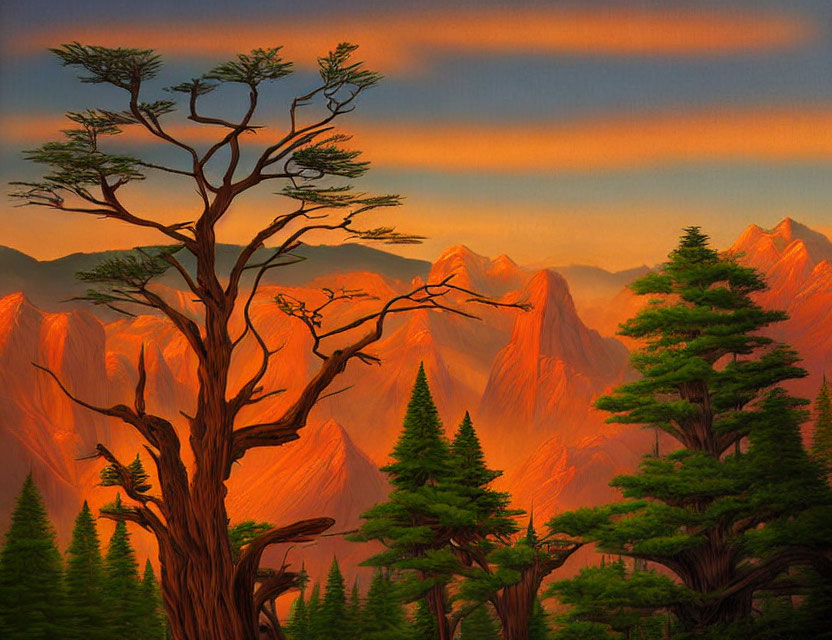 Orange Mountain Peaks Landscape with Evergreen Trees