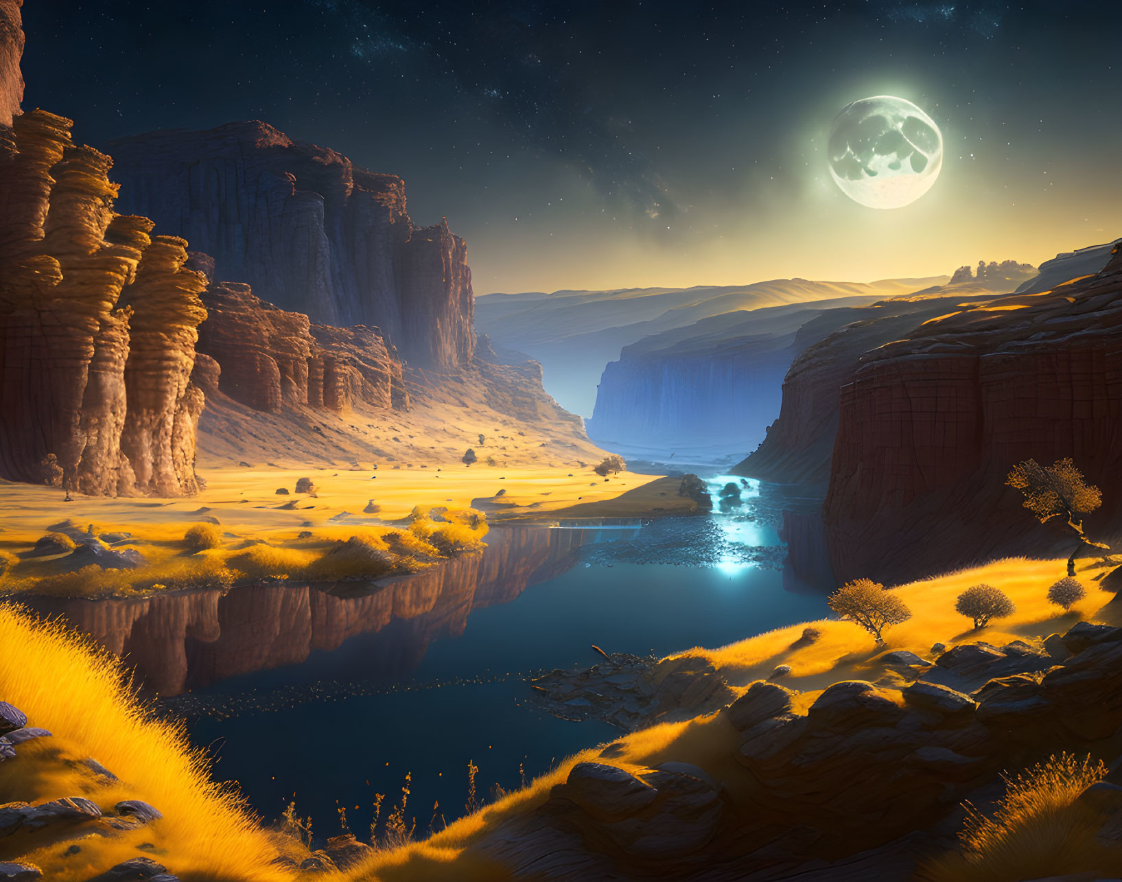 Tranquil river under luminous full moon