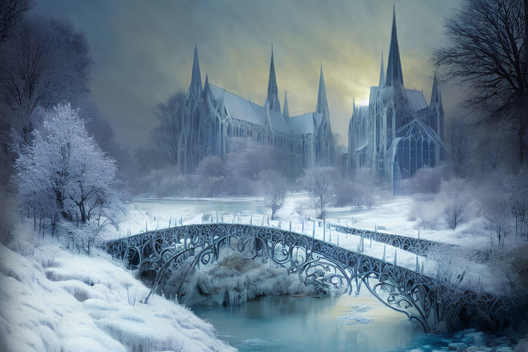 Snowy Gothic cathedral scene with frozen river and wrought-iron bridge