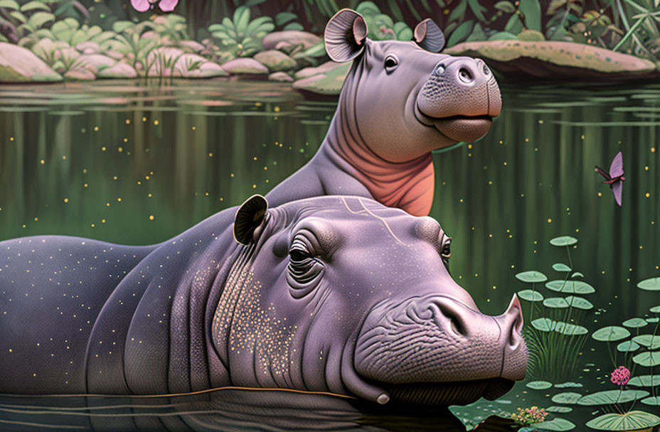 Two Animated Hippos Submerged in Water Among Green Foliage