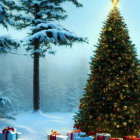 Snow-covered Christmas scene with decorated tree and gifts in pine forest at twilight