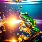 Colorful Frog Surrounded by Splashing Water and Reflective Droplets