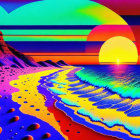 Colorful surreal beachscape with neon sky, large sun, patterned sea, and multicolored