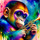 Colorful Monkey Playing Trumpet in Abstract Background