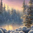 Snow-covered trees and river in serene winter landscape