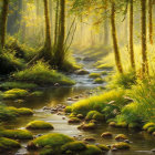 Enchanting forest scene: fairies dancing in sunlight by stream