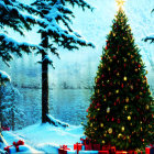 Festive Christmas tree with ornaments, star topper, gifts, snowy forest backdrop
