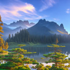 Tranquil landscape with reflective lake, vibrant greenery, colorful flowers, snow-capped mountains,