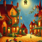 Charming Christmas village with Santa on sleigh at night