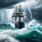 Sailing ship in stormy seas with lightning streaks