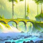 Tranquil landscape with stone bridge over river and lush greenery