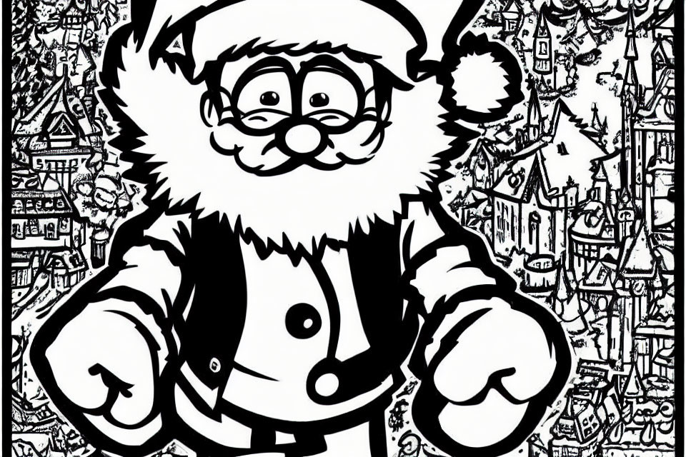Detailed Black and White Santa Claus Illustration with Festive Background