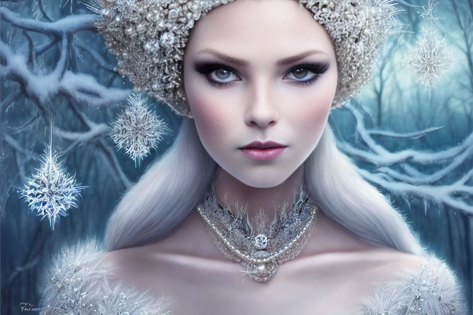 Woman with Blue Eyes in Crystal Headpiece on Snowflake Backdrop