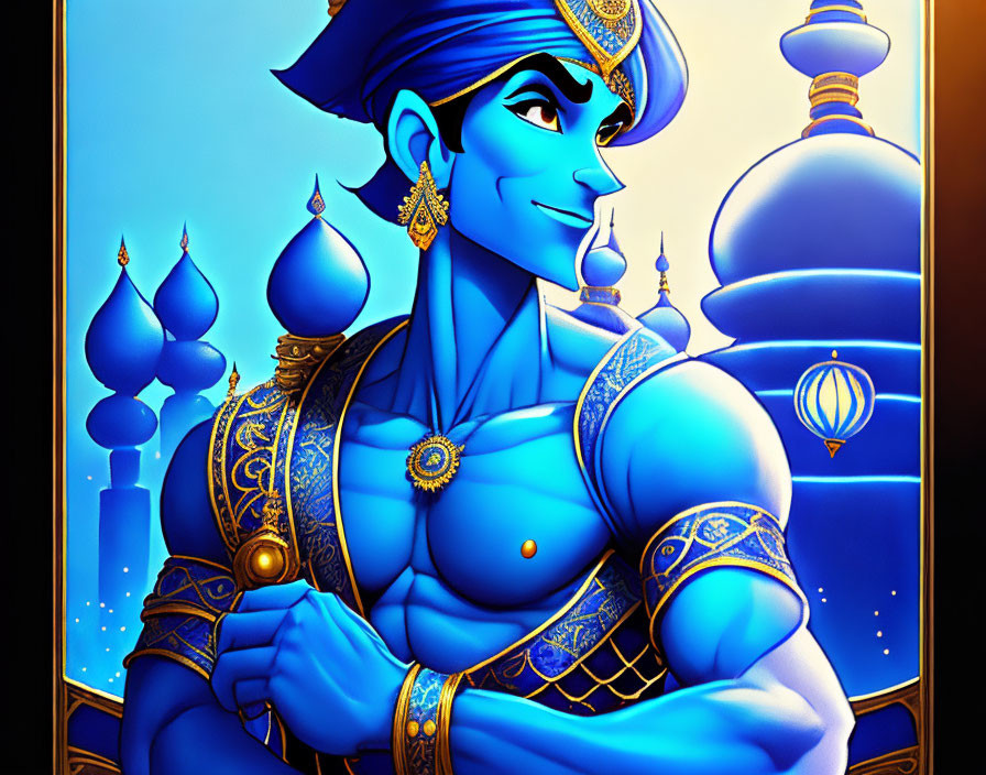 Blue-skinned character in turban with golden jewelry, smiling amidst whimsical blue buildings