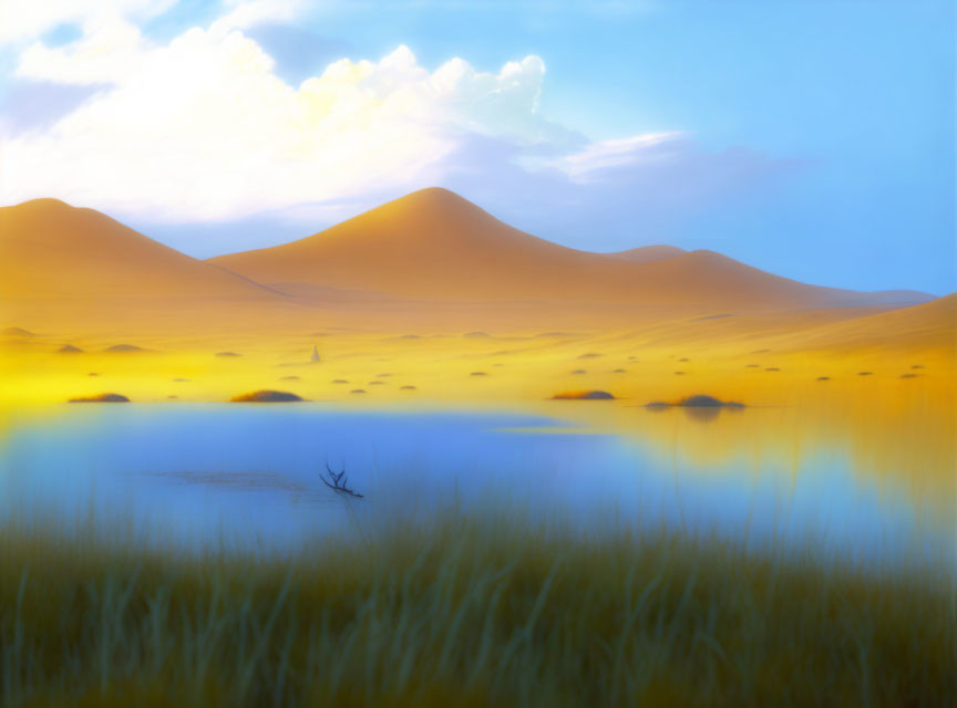 Tranquil Oasis with Sand Dunes and Lush Grass at Dusk