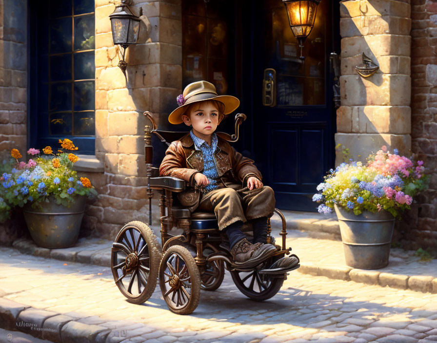 Child in vintage outfit in ornate wheelchair surrounded by flowers on cobblestone street.
