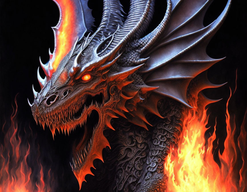 Fiery dragon with glowing eyes and intricate scales breathing flames