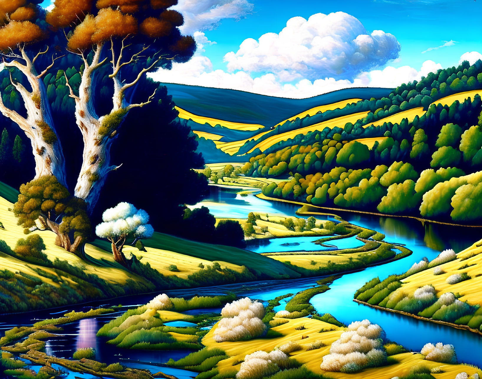 Colorful landscape with winding river, rolling hills, green trees, and blue skies