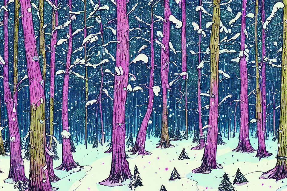 Illustration of dense forest with purple and brown trees in snowfall
