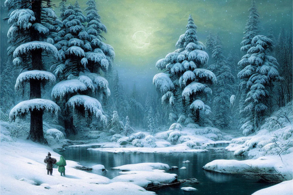 Snowy Pine Trees Along Riverbank with Night Sky and Person Standing