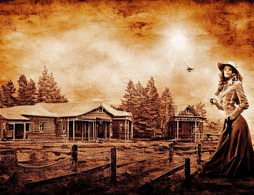 Cowboy-hat woman near wooden cabins in sepia-toned western scene