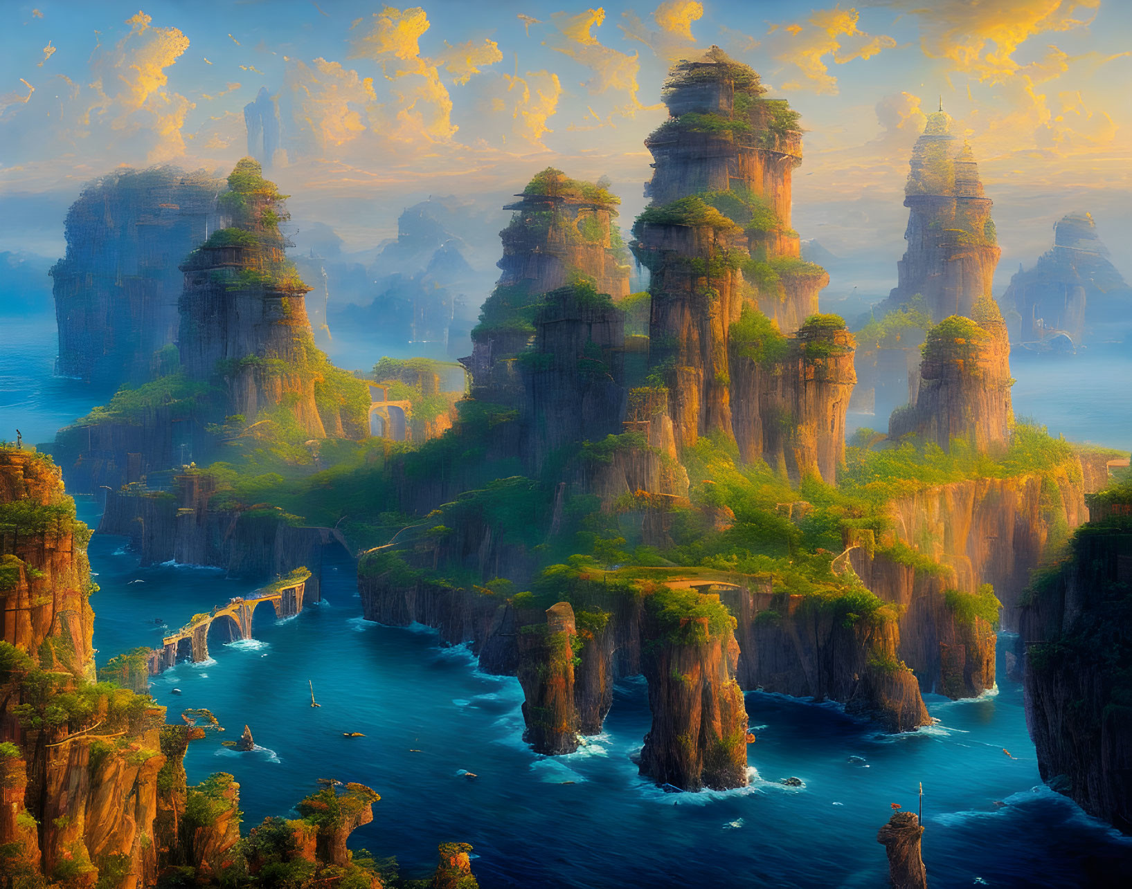 Majestic fantasy landscape: towering rock pillars, tranquil sea, golden sunset
