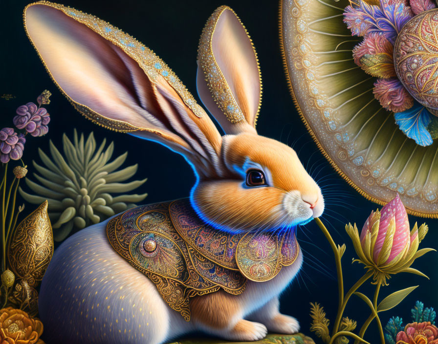 Detailed Majestic Rabbit Illustration in Ornate Armor on Dark Floral Background