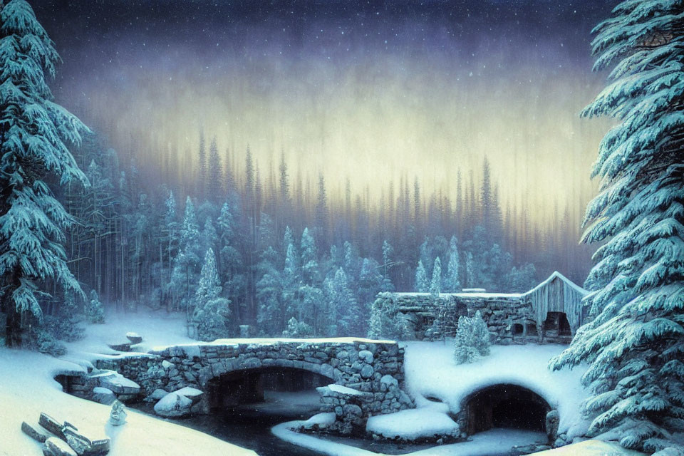 Snowy Twilight Scene: Evergreens, Stone Bridge, Cozy Cottage