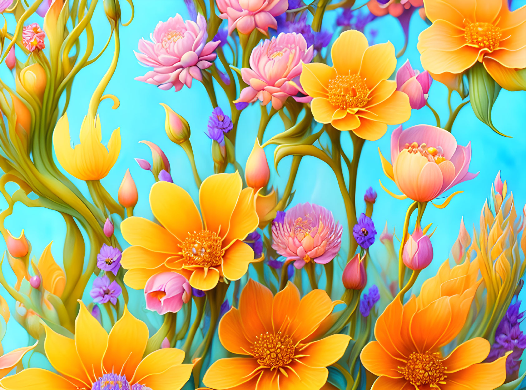 Colorful Digital Art: Yellow and Pink Flowers on Blue Background