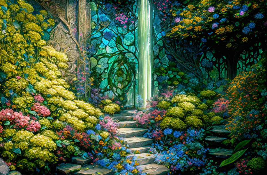 Enchanting forest path with colorful flowers, waterfall, and illuminated archway