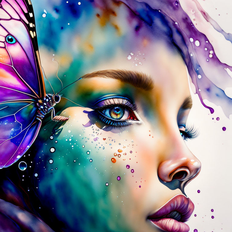 Colorful artwork of woman's face with cosmic colors and butterfly resting on temple