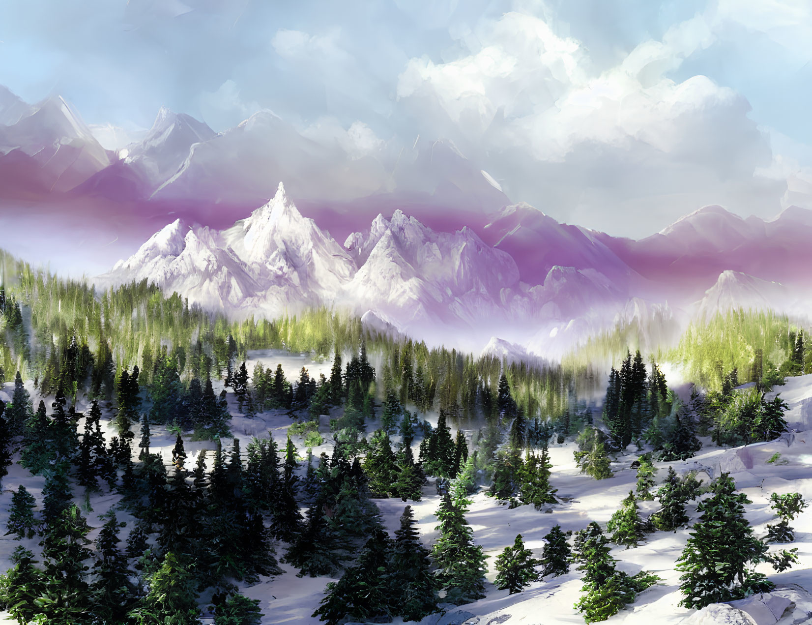 Majestic snowy mountain peaks and dense evergreen forest landscape blend seamlessly.