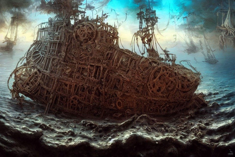 Fantastical beached ship with exposed machinery on dark sands