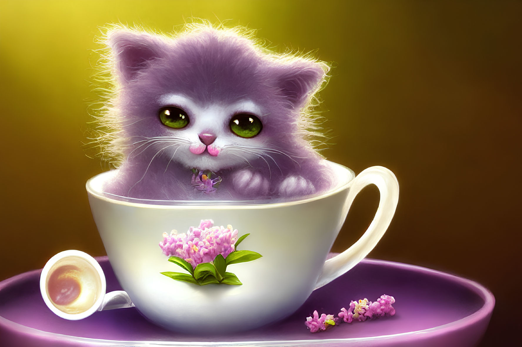 Fluffy purple kitten in oversized teacup with green eyes and flower