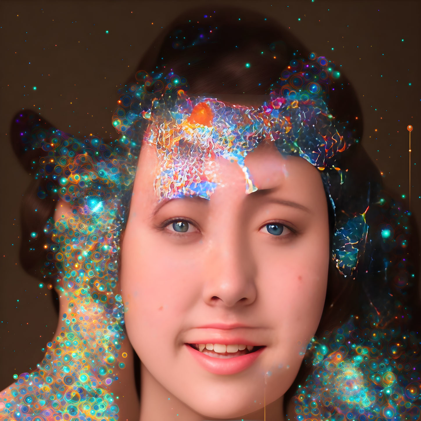 Close-Up Portrait with Colorful Sparkling Textures for Cosmic Look