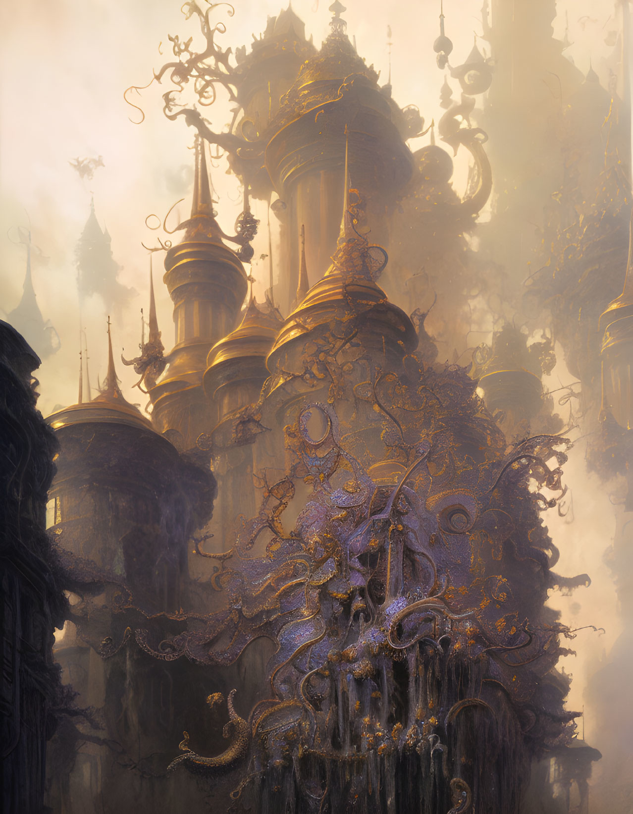 Golden fantasy castle in mist with intricate details and towering spires.