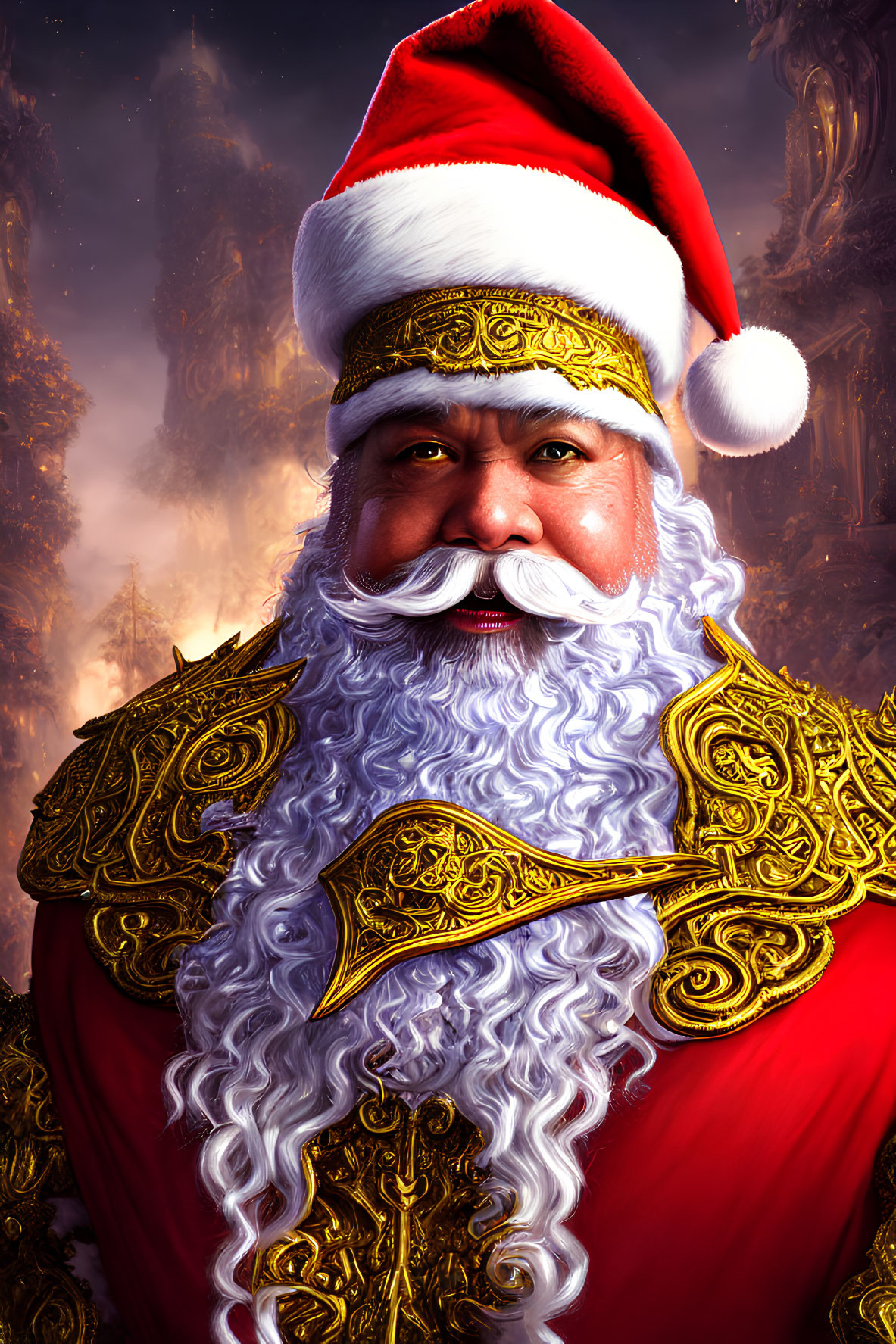 Detailed Santa Claus illustration in red and gold outfit with glowing backdrop