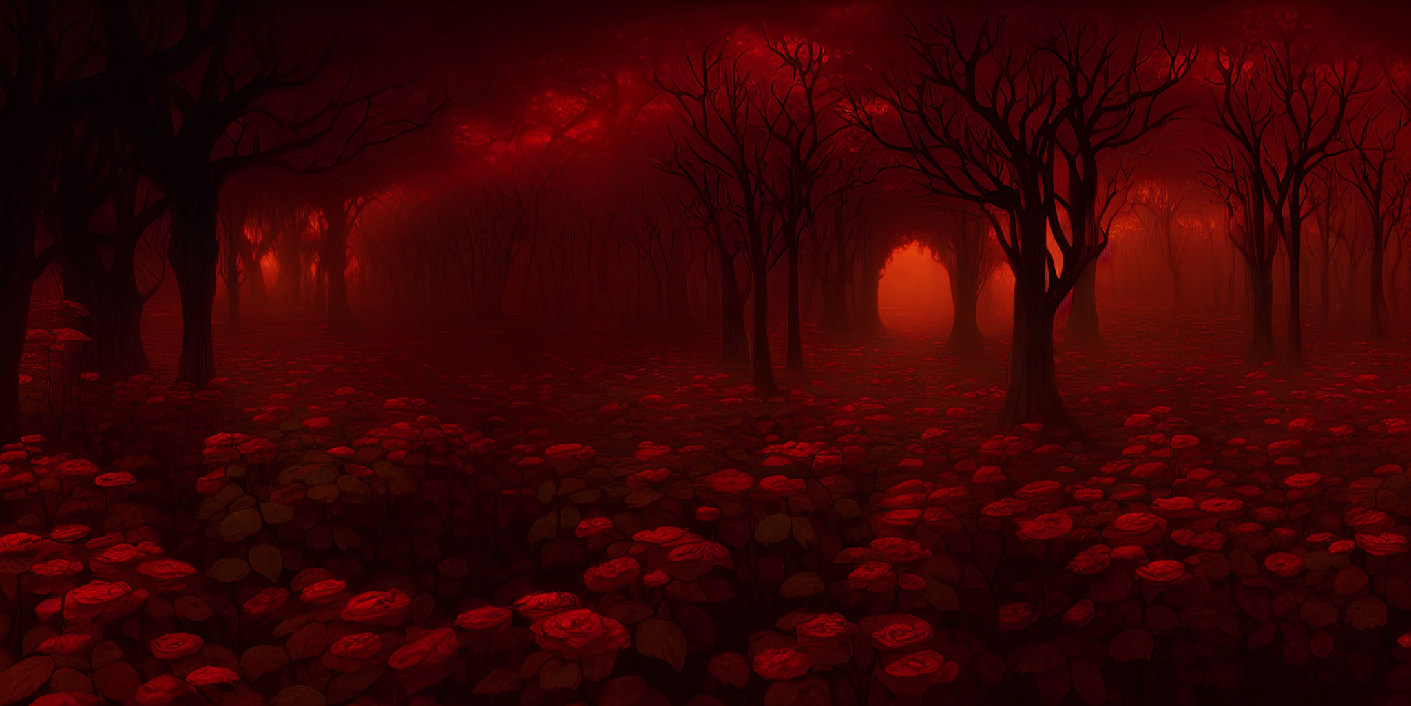 Barren red forest with fog, roses, and crimson sky