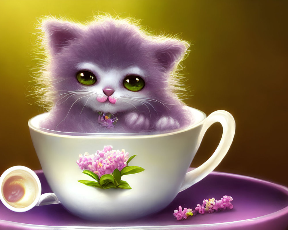 Fluffy purple kitten in oversized teacup with green eyes and flower
