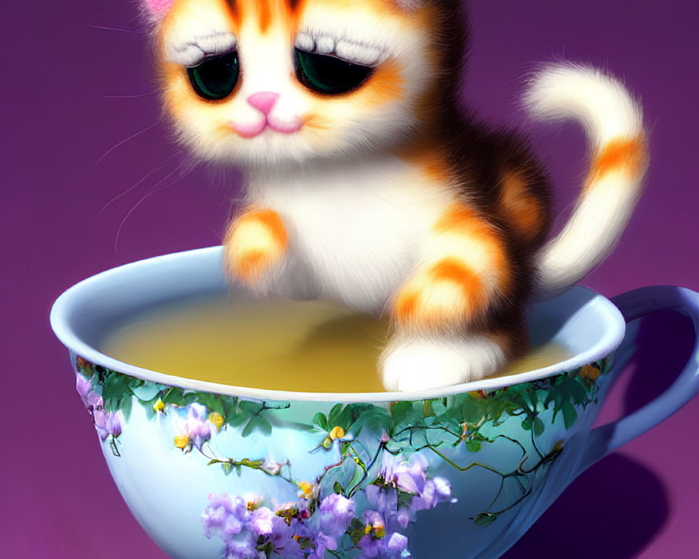 Fluffy kitten in teacup on purple background