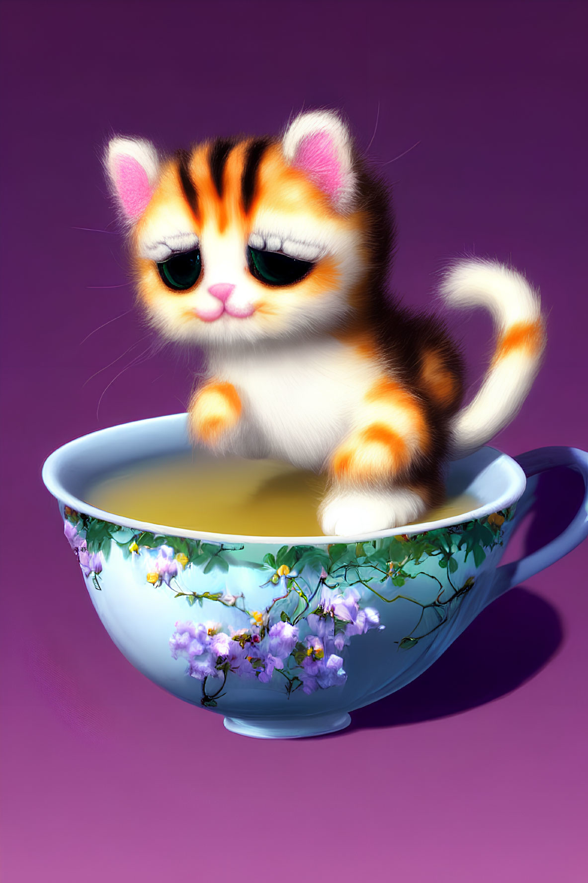 Fluffy kitten in teacup on purple background
