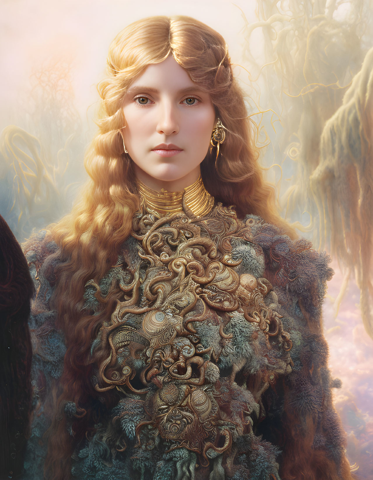 Golden-haired woman adorned in elaborate gold jewelry and intricate garment against misty backdrop